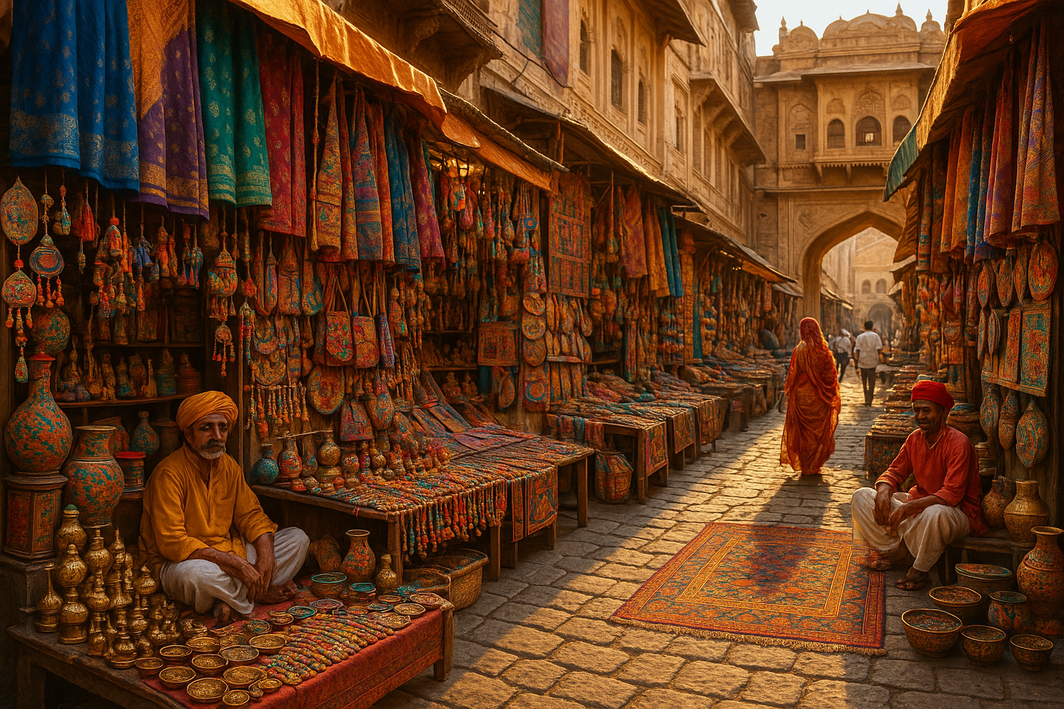 make a photo inspired by reality of Jaipur vendor market's streets filled with colorful trinkets and handmade stuff
